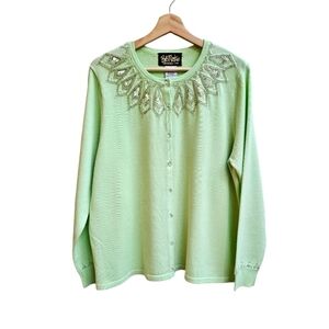 Bob Mackie Wearable Art Beaded Collar Cardigan in Soft Green, Size Large